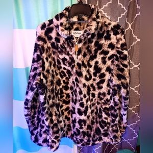 Large Kat McRae Cheetah Print Leopard Sherpa Fuzzy Half Zip Pullover Jacket
